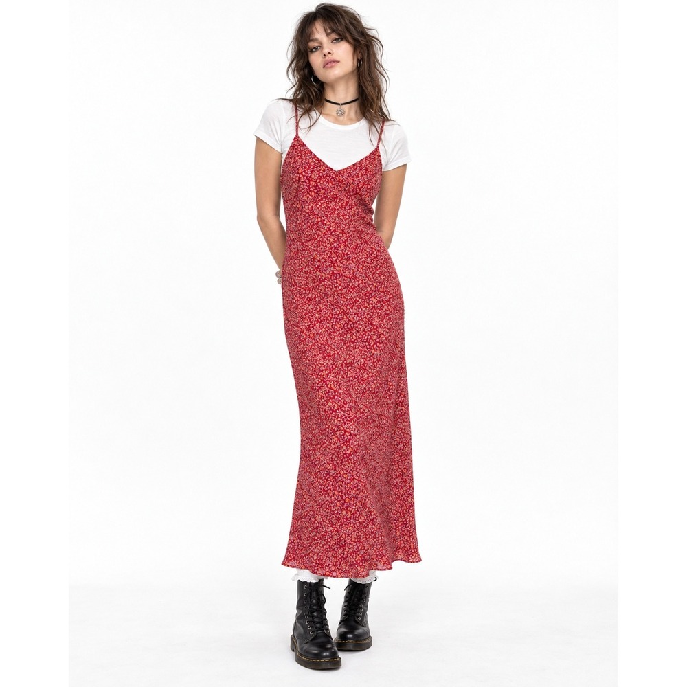 Grunge Whimsicore Bias Cut Flowy Ditsy Floral Maxi Slip Dress Red Vintage